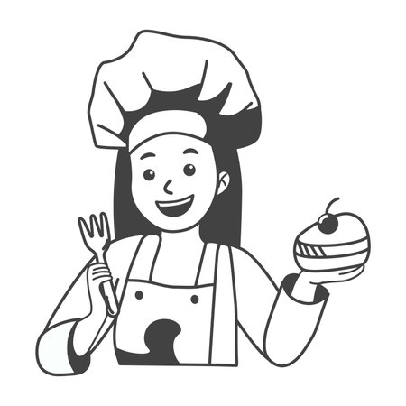 Kitchen element of black line set. This illustration captures the essence of kitchen art, with a skilled cook at work, preparing delicious cakes. Vector illustration.のイラスト素材