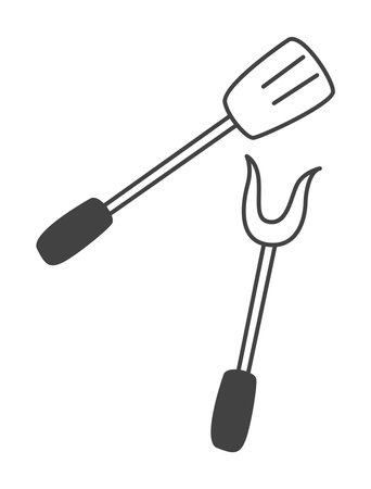 BBQ element of black line set. Within the BBQ scene outlined in bold black, essential kitchen tongs take the spotlight, that can expertly handling succulent cuts of meat. Vector illustration.のイラスト素材