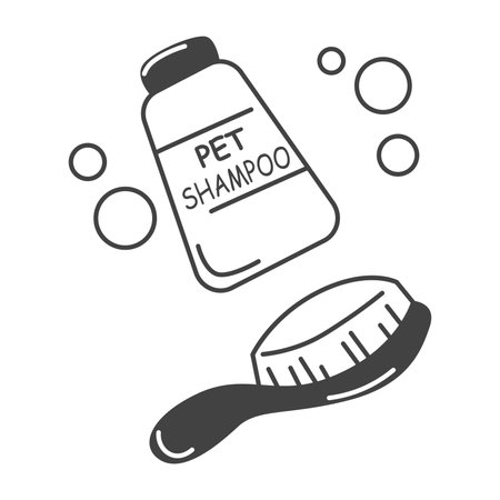 Element of pets themed set. The image of pet shampoo and brush encourages people to take care of their pets hygiene. Vector illustration.のイラスト素材