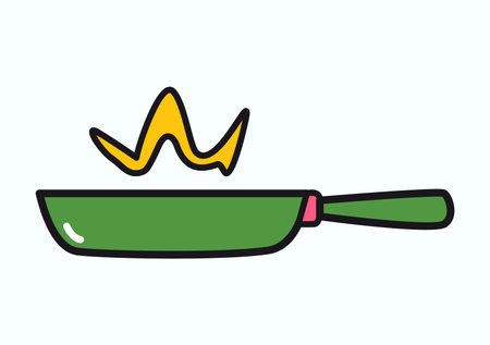 Kitchen element of colorful set. A kitchen-themed illustration with colorful design of a frying pan radiate the sizzle and aroma of cooking in a dynamic and mouthwatering style. Vector illustration.のイラスト素材