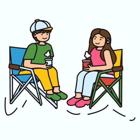 Camping element of colorful set. A camping-themed illustration with outlined design of two friends spending quality time together capture the essence of relaxation. Vector illustration.のイラスト素材