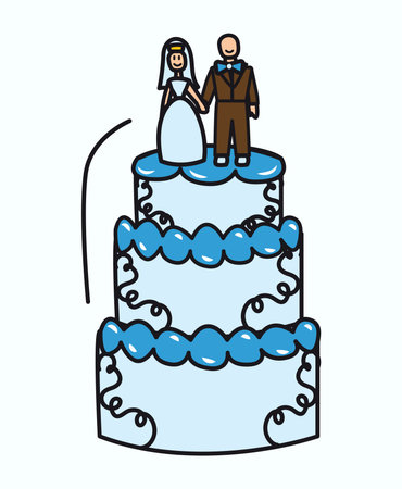 Wedding element of colorful sticker set. This delightful artwork, filled with vibrant colors and fine outlines, showcases a cute cake topper couple. Vector illustration.のイラスト素材