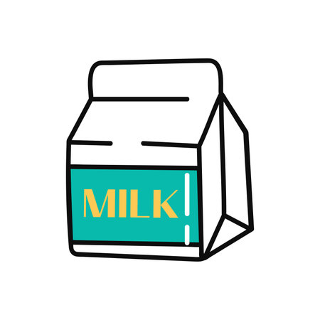 Coffee element of colorful food set. This coffee themed illustration features a vibrant design with clear outlines, showcasing a pack of milk ready to complement cup of coffee. Vector illustration.のイラスト素材