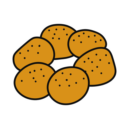 Baked good of food colorful set. This food-themed illustration with detailed outline emphasize the appeal of a tasty buns, this aroma is simply irresistible. Vector illustration.のイラスト素材