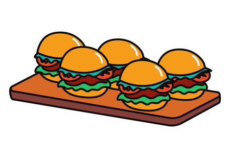 Product for dinner of food colorful set. This burgers take center stage against the pristine white canvas, creating a captivating visual. Vector illustration.のイラスト素材