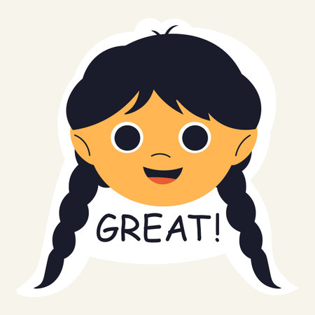 Back to school element of colorful set. This charming cartoon sticker-style illustration featuring a cheerful girl and the title "Great" sends a message of feedback. Vector illustration.のイラスト素材
