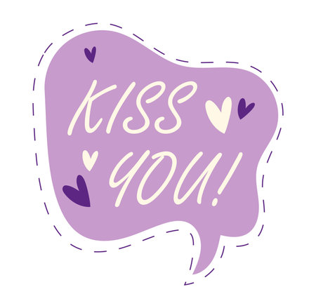 Message element of kawaii set. This adorable kawaii-style illustration features the heartfelt message "kiss u" in charming violet hues. Vector illustration.のイラスト素材
