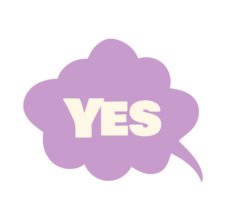 Message element of kawaii set. This kawaii-style illustration resembles a positive feedbacks with text "yes" written on the soft violet shades. Vector illustration.のイラスト素材