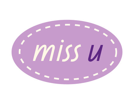 Message element of kawaii set. In this kawaii-style illustration text "miss u" is presented in a cute violet font, adding a touch of charm to any project. Vector illustration.のイラスト素材