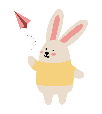 School animal of colorful set. Its cartoon rabbit and school-related accessory - paper airplane create a joyful and educational atmosphere. Vector illustration.のイラスト素材