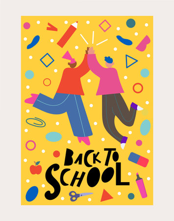 School poster. In this charming design, a cartoon-themed "Back to School" poster takes center stage, inviting students and a promise of exciting learning adventures. Vector illustration.のイラスト素材