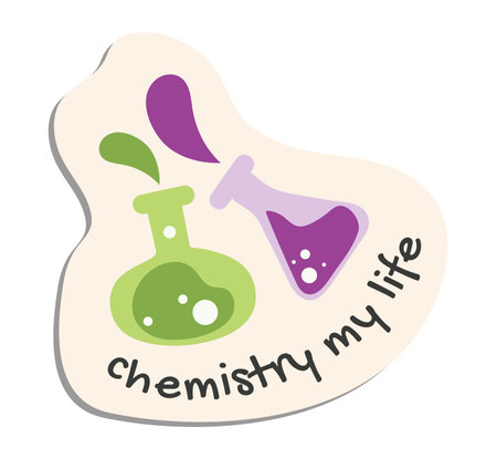 School sticker of cartoon colorful set. A sticker with bright chemical flasks can decorate the design of any school project and encourage children to learn. Vector illustration.のイラスト素材