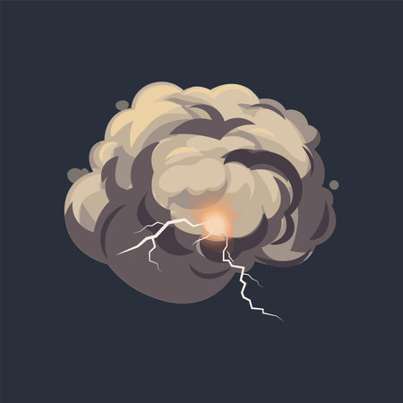 Storm cloud of colorful set. The power of nature is showing in this captivating cartoon illustration and storm cloud crackles with lightning against a dark backdrop. Vector illustration.のイラスト素材