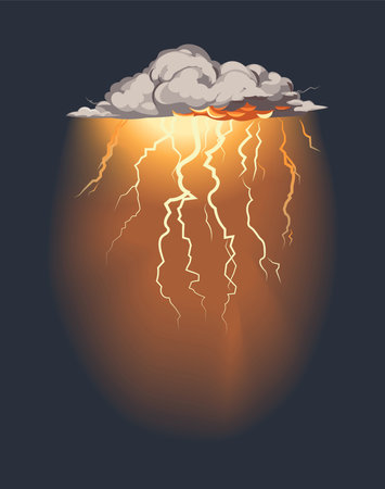 Storm cloud of colorful set. Demonstration of the intensity of an electric storm in this dynamic cartoon design. The lightning bolts illuminate the ominous dark sky. Vector illustration.のイラスト素材