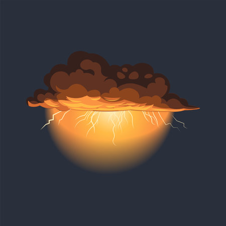 Storm cloud of colorful set. Lightning in this whimsical cartoon design and dark background sets the stage for a dazzling performance. Vector illustration.のイラスト素材