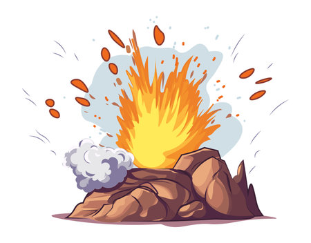 Explosion of colorful set. This dynamic cartoon illustration captures the intense impact of an explosion, accompanied by a billowing cloud of smoke on a clean white backdrop. Vector illustration.のイラスト素材