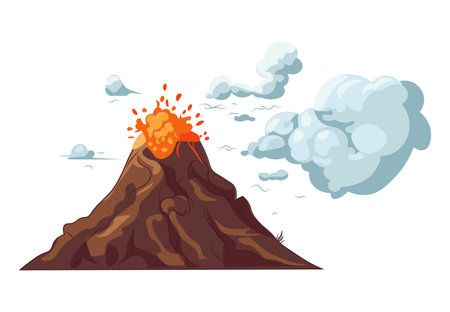 Volcano of colorful set. This whimsical illustration captures the playful side of a volcanos eruption, complete with a charming cloud of smoke on a clean white canvas. Vector illustration.のイラスト素材
