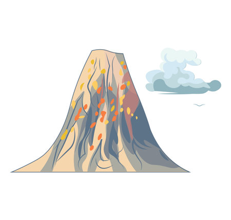 Volcano of colorful set. The delight of a volcanic eruption portrayed in a captivating cartoon design, with a fluffy cloud of smoke hovering above. Vector illustration.のイラスト素材
