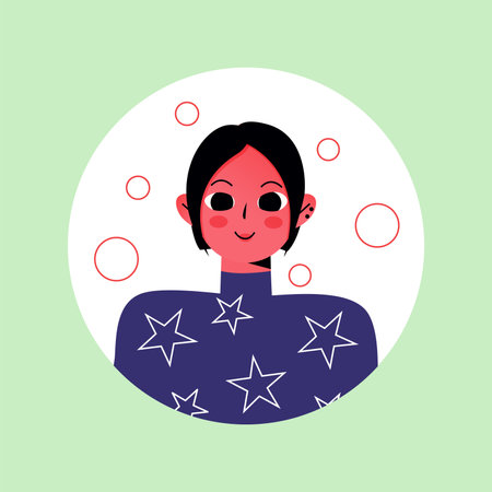 Avatar of satisfied person in the cartoon style. This cute girls avatar and its charming design elements create an emotional connection against the peaceful green background. Vector illustration.のイラスト素材