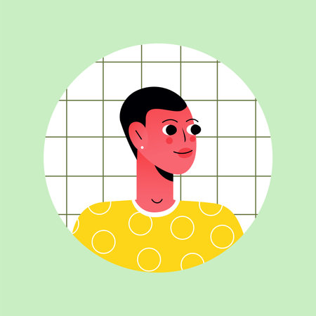 Avatar of satisfied person in the cartoon style. This design effectively combines the tranquil green background with the cute avatar of the satisfied guy. Vector illustration.のイラスト素材