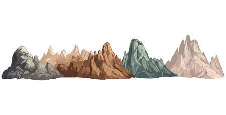 Mountains of colorful set. This mountains landscape showcase the art of design combined with the grandeur of natural beauty against a pristine white canvas. Vector illustration.のイラスト素材