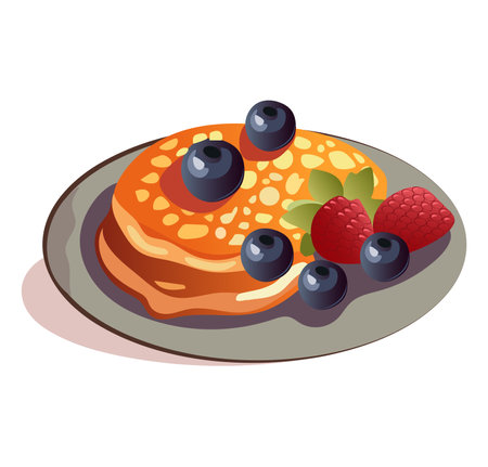 Pancakes of colorful set. This illustration celebrates the joy of pancakes, beautifully designed with a touch of cartoon charm to showcase their sweet, fluffy goodness. Vector illustration.のイラスト素材