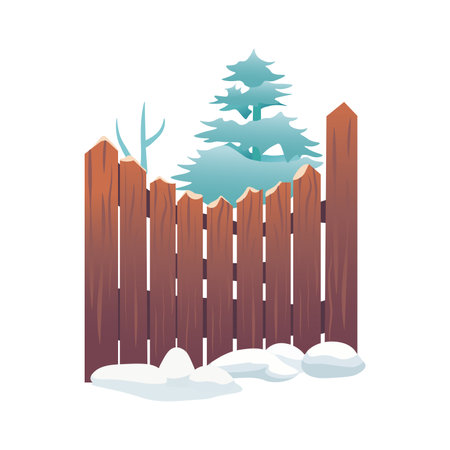 The fence of colorful set. Showcasing of the serene winter atmosphere in this delightful illustration of a snow-covered fence. Vector illustration.のイラスト素材