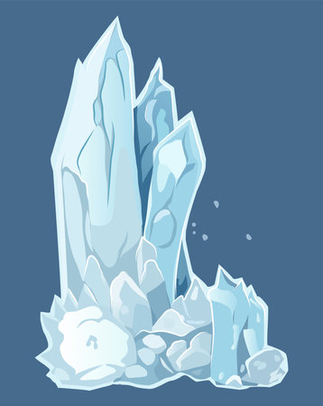 White ice block of colorful set. This stunning illustration feature an expertly crafted ice block and icicles, elegantly designed in a cartoon style against a backdrop. Vector illustration.のイラスト素材