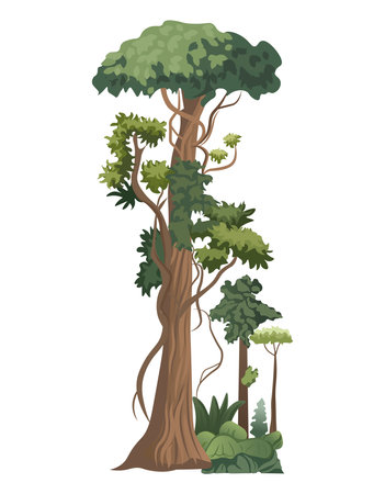 Artichelen green element of colorful set. In this stunning illustration a vibrant jungle tree takes center stage in a whimsical cartoon design, all on a serene white background. Vector illustration.のイラスト素材