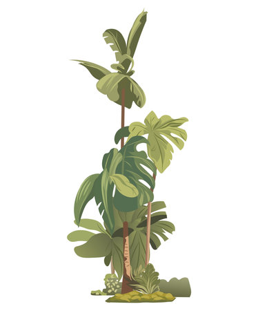 Artichelen tree of colorful set. This enchanting illustration feature a vibrant tropical tree depicted in intricate design and charming cartoon artistry against a white backdrop. Vector illustration.のイラスト素材
