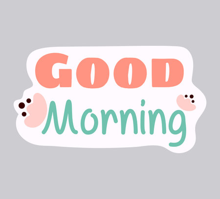 Sticker of colorful set. A cute vibe as you share the "good morning" message through this delightful cartoon design sticker, set on a pastel violet background. Vector illustration.のイラスト素材