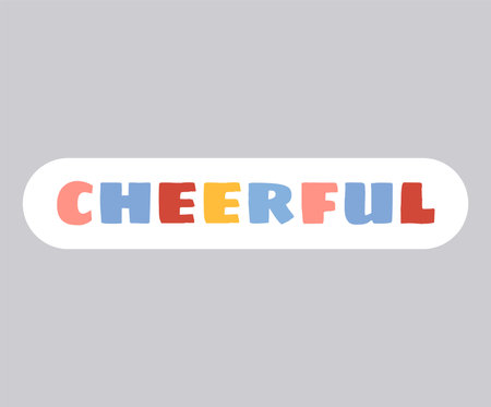 Sticker of colorful set. This cute cartoon design sticker showcase the text "cheerful" on a pastel violet canvas. Vector illustration.のイラスト素材