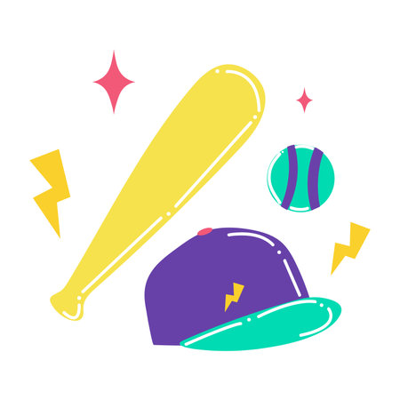 Sport element sticker of colorful set. This baseball-themed illustration showcase a lively cartoon design against a calming white backdrop. Vector illustration.のイラスト素材