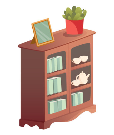 Bedroom furniture of colorful set. This illustration features a vibrant shelf with a whimsical cartoon design, adding a playful touch to bedroom decor. Vector illustration.のイラスト素材
