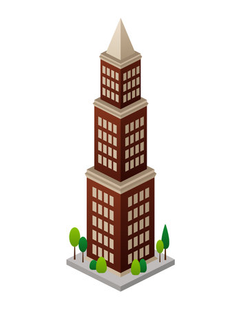 City building of colorful set. The illustration skillfully captures the urban skyline with its towering skyscraper against a clean white background. Vector illustration.のイラスト素材