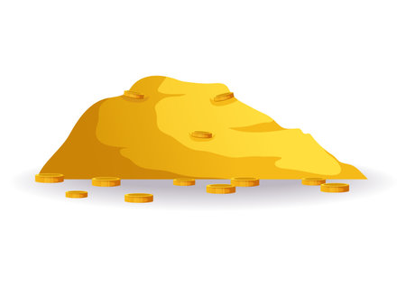Illustration of money and gold sticker. This adorable illustration features a pile of gold coins in a playful cartoon style. Vector illustration.のイラスト素材