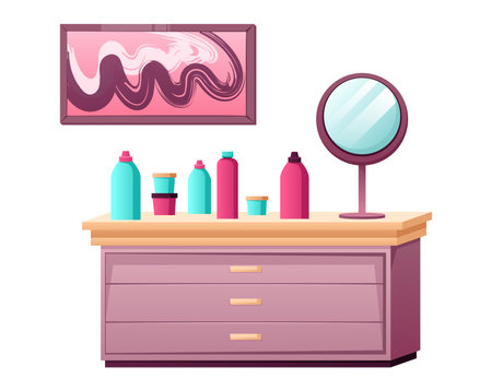 Image of Beauty salon furniture. This illustration features a chest of drawers and care products in a bright and colorful style that showcases sophisticated design. Vector illustration.のイラスト素材