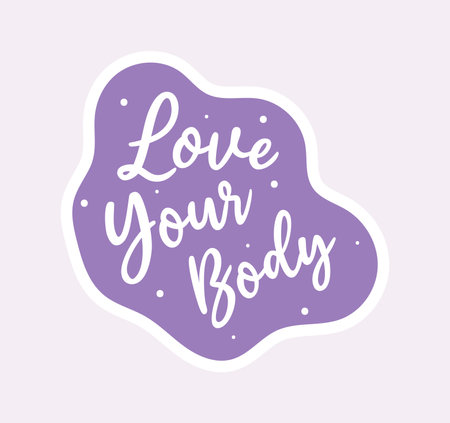 Body positive sticker image. With a charming and lively image, this cartoon design brings the "Love Your Body" motivational poster to life. Vector illustration.のイラスト素材
