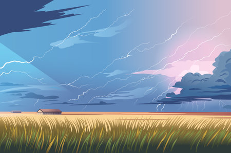 Background thunderstorm in the field in the flat cartoon design. A lightning storm rages in the field while the suns rays break through the clouds. Vector illustration.のイラスト素材