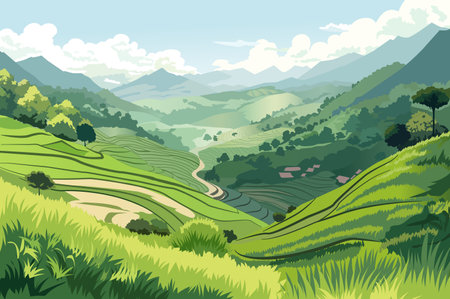 Background hills in the flat cartoon design. Incredible landscape with grassy hills and cloudy blue sky. Vector illustration.のイラスト素材