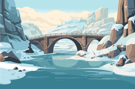 Background stone rock formations in winter in the flat cartoon design. The winter landscape depicts a stone bridge that rises above a wide river flowing between rock formations. Vector illustration.のイラスト素材