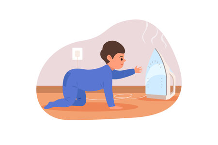 Dangers for kids concept with people scene in flat cartoon design. A child can get burned if he touches the iron when it is on. Vector illustration.のイラスト素材