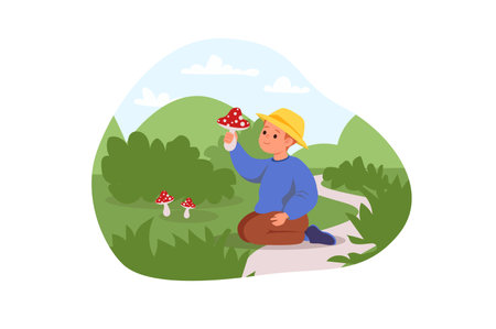 Dangers for kids concept with people scene in flat cartoon design. The boy found poisonous mushrooms in nature and can eat them, which is very dangerous. Vector illustration.のイラスト素材