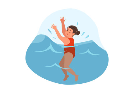 Dangers for kids concept with people scene in flat cartoon design. A little girl is drowning and needs help. Vector illustration.のイラスト素材