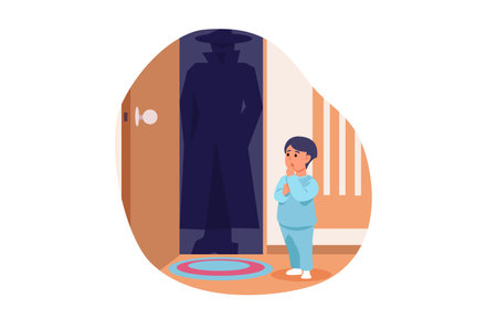 Dangers for kids concept with people scene in flat cartoon design. A little boy opened the door to a stranger in this illustration. Vector illustration.のイラスト素材