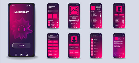 Concept of smartphone music interface in flat design. Modern screen design, music search, favorite tracks, own library, user page. Vector Illustration.のイラスト素材