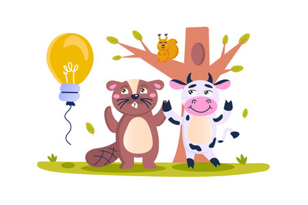 Idea concept with character scene in flat cartoon design. The little beaver and the cow have a great idea, so they are cheerful. Vector illustration.のイラスト素材