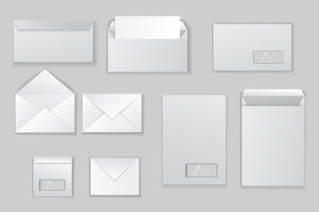 A collection of envelope mockups in realistic 3d design. Black and white image with envelopes for letters, papers, documents and more on a gray background. Vector illustration.のイラスト素材