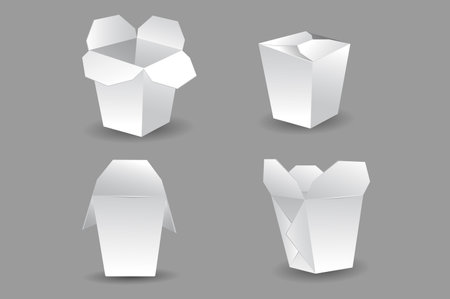 A collection of cardboard wok box for asian fast food mockups in realistic 3d design. Black and white image of an Asian fast food box in different angles on a gray background. Vector illustration.のイラスト素材