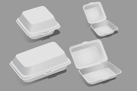 A collection of plastic containers for food mockups in realistic 3d design. Black and white image of square and rectangular plastic food storage containers on a gray background. Vector illustration.のイラスト素材